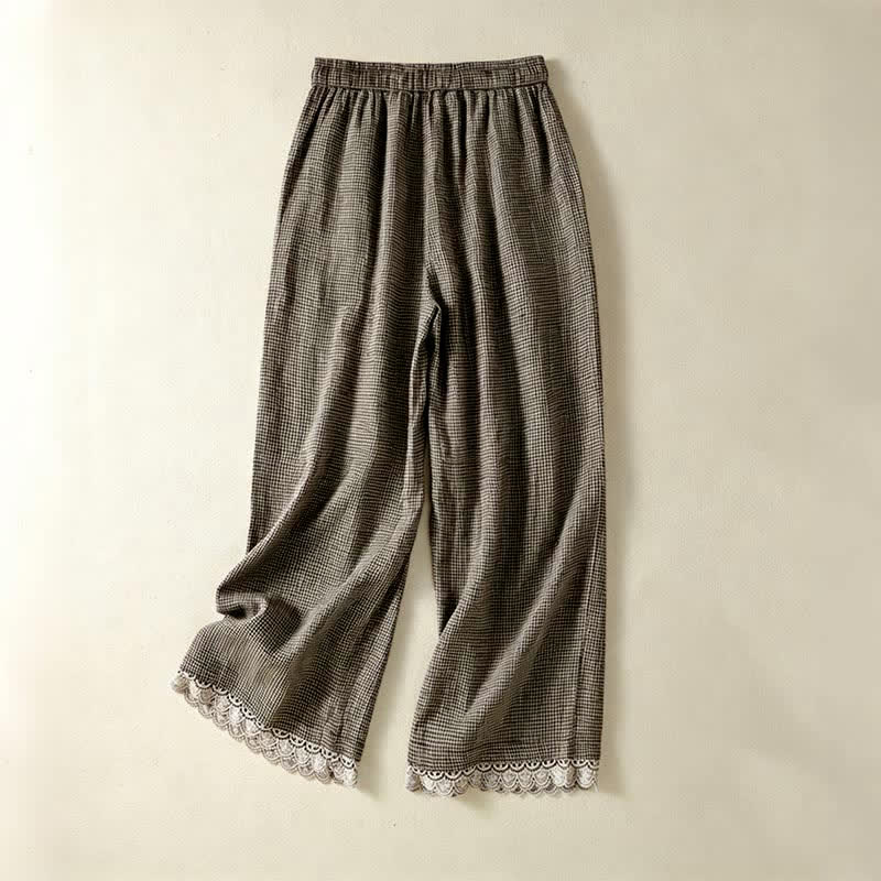 Buddha Stones Pantaloni estivi casual da donna in lino a quadri con coulisse, gamba larga e tasca. - image 1
