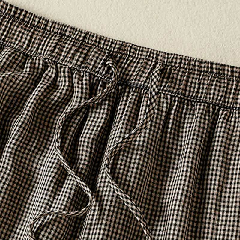 Buddha Stones Pantaloni estivi casual da donna in lino a quadri con coulisse, gamba larga e tasca. - image 5