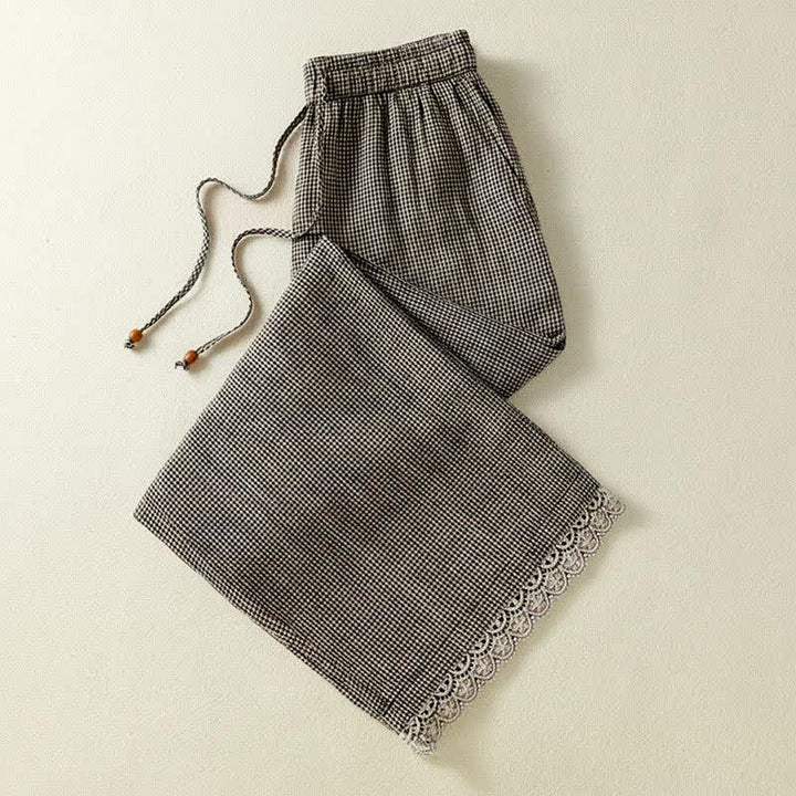 Buddha Stones Pantaloni estivi casual da donna in lino a quadri con coulisse, gamba larga e tasca. - image 2