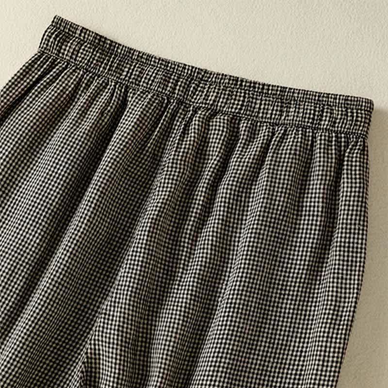Buddha Stones Pantaloni estivi casual da donna in lino a quadri con coulisse, gamba larga e tasca. - image 10