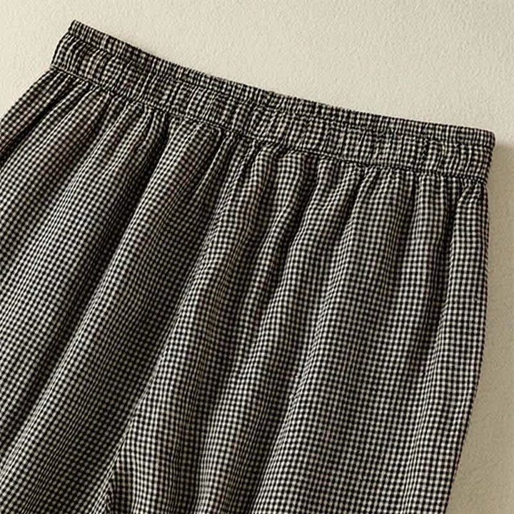 Buddha Stones Pantaloni estivi casual da donna in lino a quadri con coulisse, gamba larga e tasca. - image 10