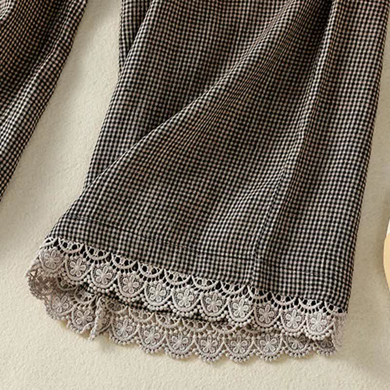 Buddha Stones Pantaloni estivi casual da donna in lino a quadri con coulisse, gamba larga e tasca. - image 11