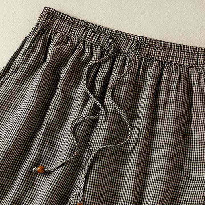 Buddha Stones Pantaloni estivi casual da donna in lino a quadri con coulisse, gamba larga e tasca. - image 3
