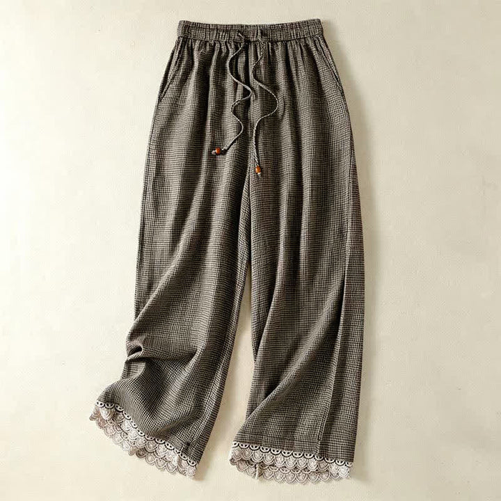 Buddha Stones Pantaloni estivi casual da donna in lino a quadri con coulisse, gamba larga e tasca. - Grigio - US8-10, UK/AU12-14, EU40-42 (2XL) - image 0