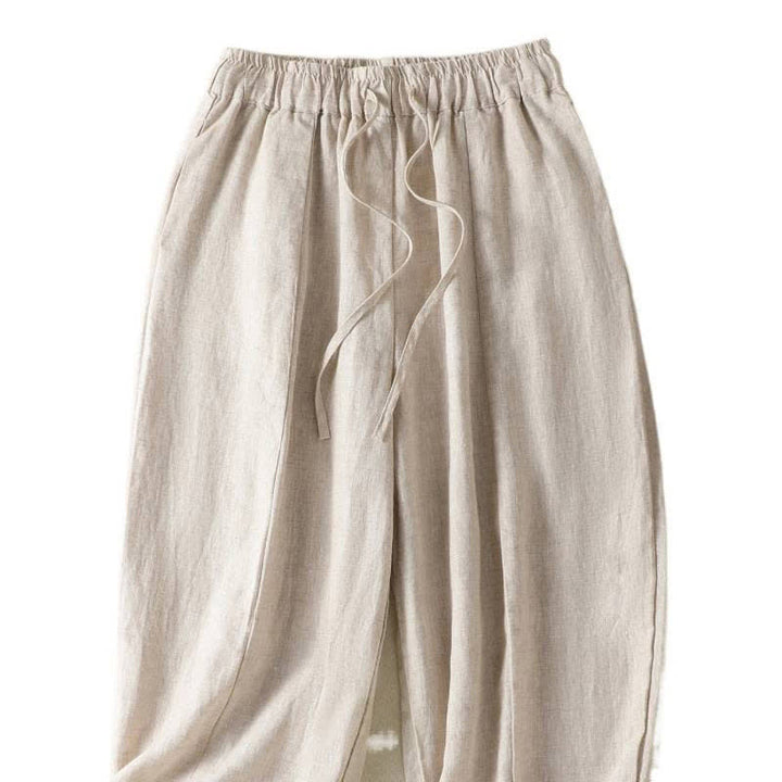 Buddha Stones Pantaloni estivi casual con coulisse in lino tinta unita, pantaloni a gamba larga da donna con tasca - image 8