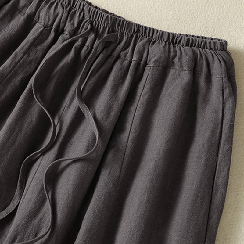 Buddha Stones Pantaloni estivi casual con coulisse in lino tinta unita, pantaloni a gamba larga da donna con tasca - image 19