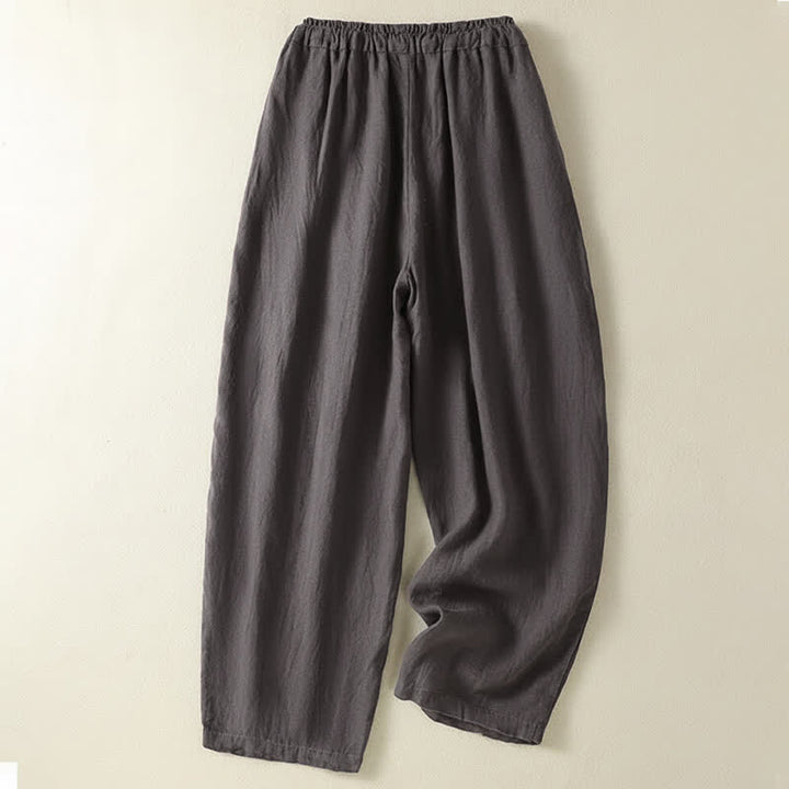 Buddha Stones Pantaloni estivi casual con coulisse in lino tinta unita, pantaloni a gamba larga da donna con tasca - image 17