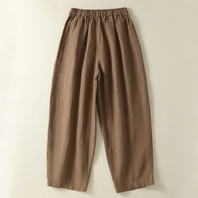 Buddha Stones Pantaloni estivi casual con coulisse in lino tinta unita, pantaloni a gamba larga da donna con tasca - image 1