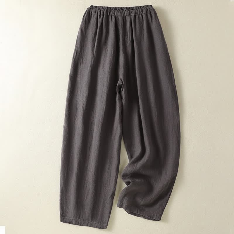 Buddha Stones Pantaloni estivi casual con coulisse in lino tinta unita, pantaloni a gamba larga da donna con tasca - image 17
