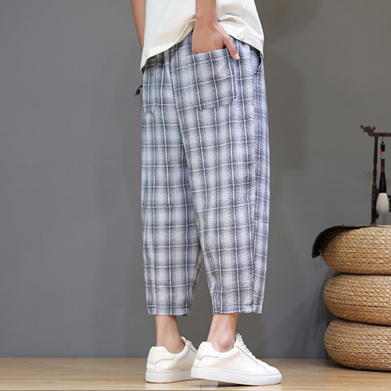 Buddha Stones Pantaloni capri estivi casual con coulisse a quadri, pantaloni harem da uomo con tasche - image 2