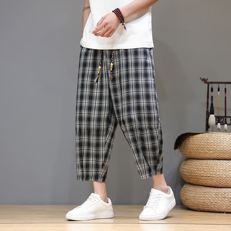 Buddha Stones Pantaloni capri estivi casual con coulisse a quadri, pantaloni harem da uomo con tasche - Nero - US/UK/AU46, EU56 (5XL) - image 8