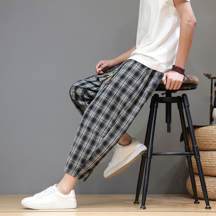 Buddha Stones Pantaloni capri estivi casual con coulisse a quadri, pantaloni harem da uomo con tasche - image 15