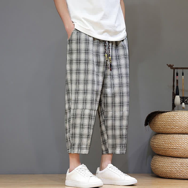 Buddha Stones Pantaloni capri estivi casual con coulisse a quadri, pantaloni harem da uomo con tasche - image 21