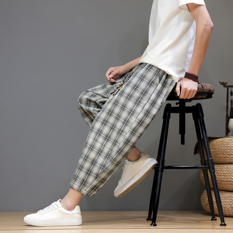 Buddha Stones Pantaloni capri estivi casual con coulisse a quadri, pantaloni harem da uomo con tasche - image 27
