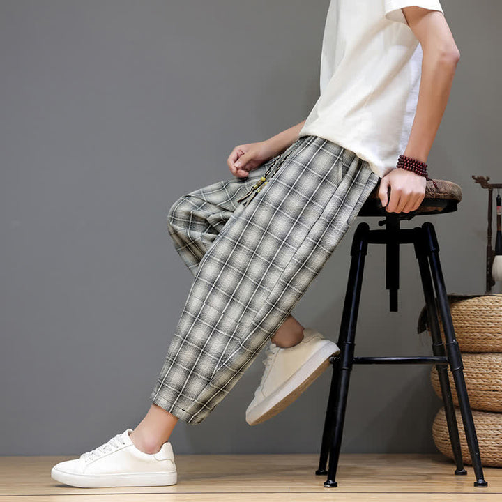 Buddha Stones Pantaloni capri estivi casual con coulisse a quadri, pantaloni harem da uomo con tasche - image 27