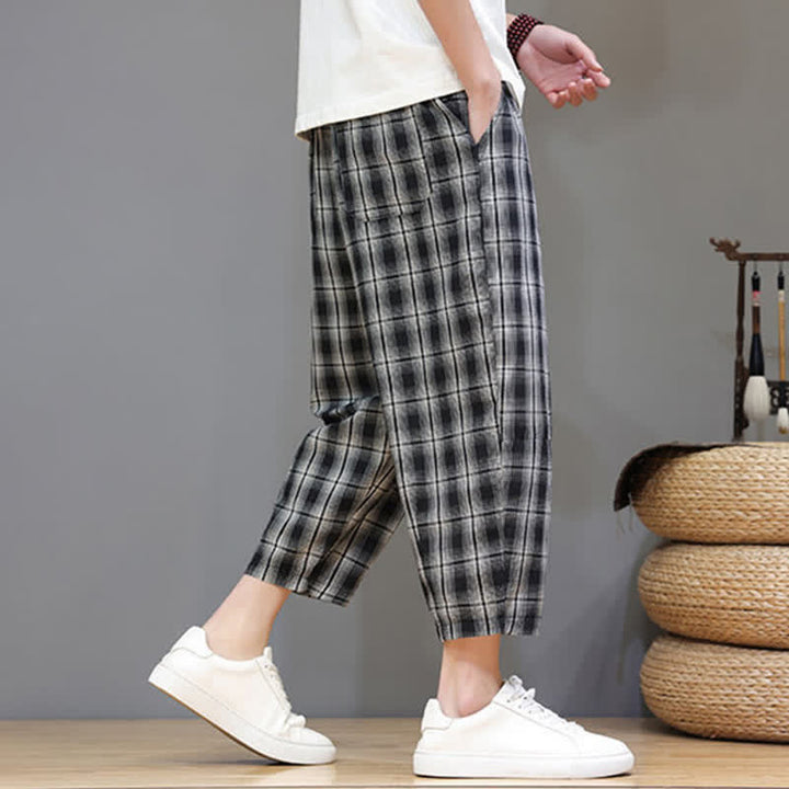 Buddha Stones Pantaloni capri estivi casual con coulisse a quadri, pantaloni harem da uomo con tasche - image 13