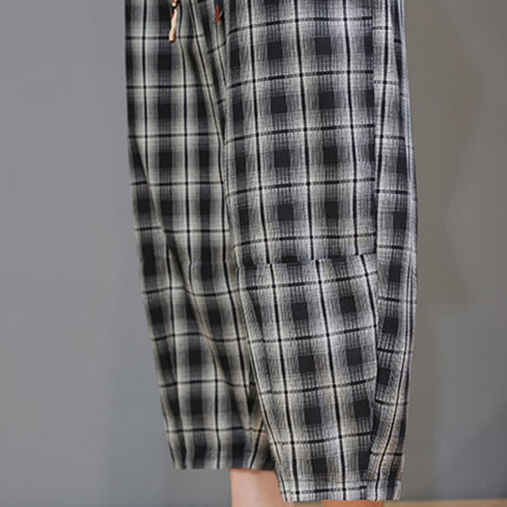 Buddha Stones Pantaloni capri estivi casual con coulisse a quadri, pantaloni harem da uomo con tasche - image 19