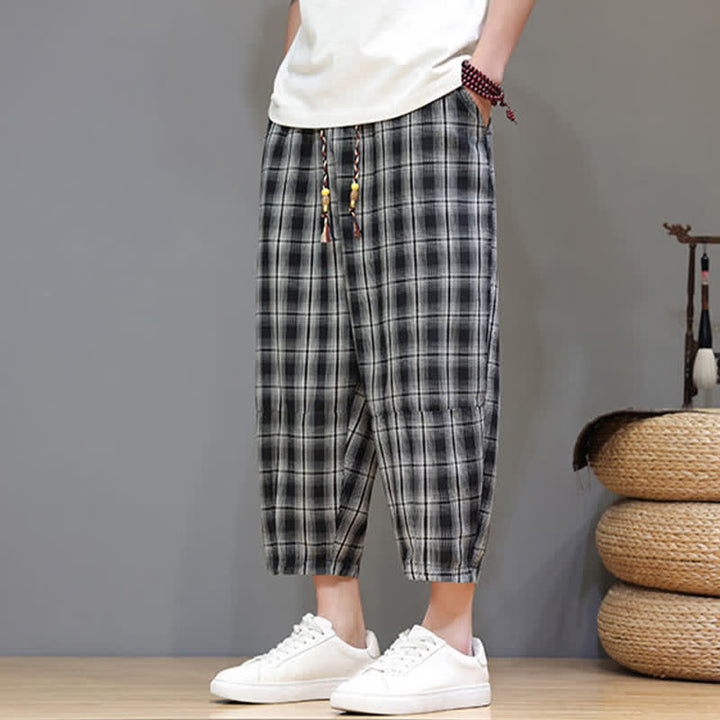 Buddha Stones Pantaloni capri estivi casual con coulisse a quadri, pantaloni harem da uomo con tasche - image 11