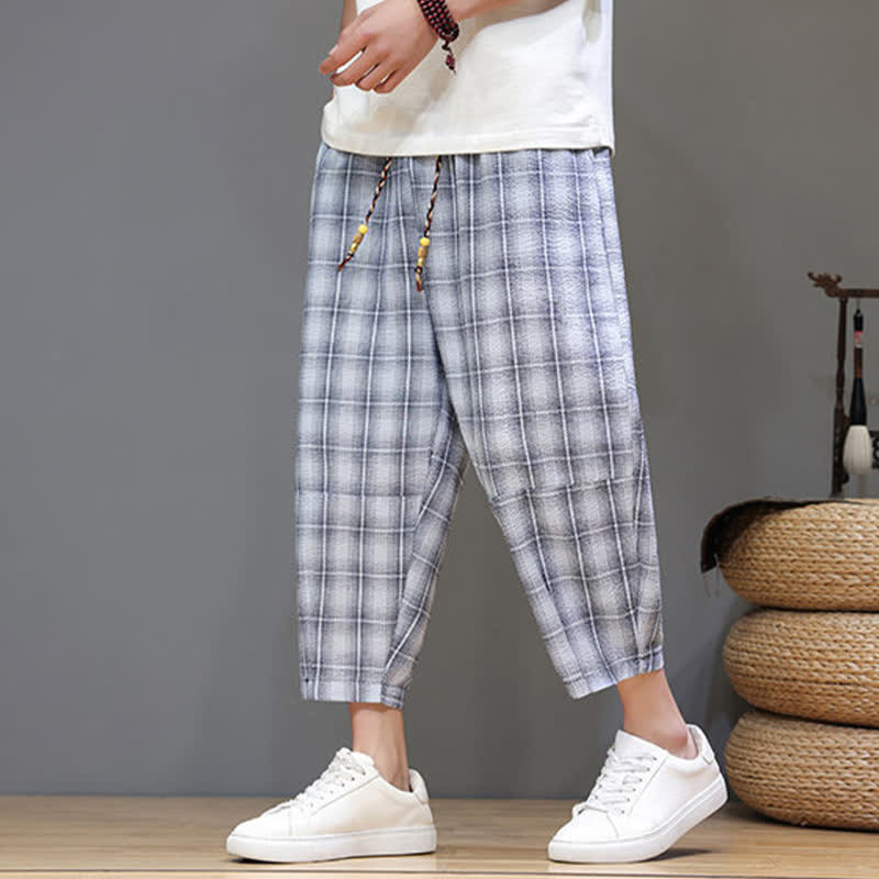 Buddha Stones Pantaloni capri estivi casual con coulisse a quadri, pantaloni harem da uomo con tasche - image 5
