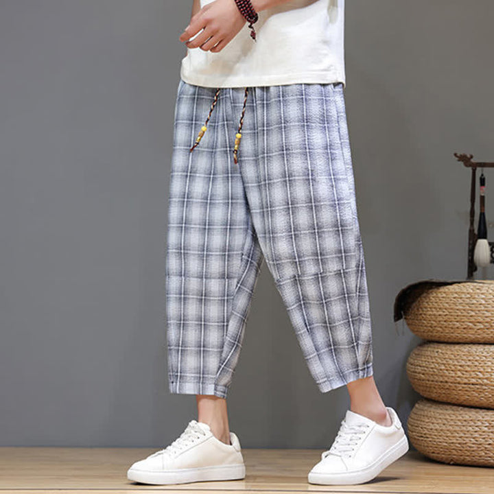 Buddha Stones Pantaloni capri estivi casual con coulisse a quadri, pantaloni harem da uomo con tasche - image 5