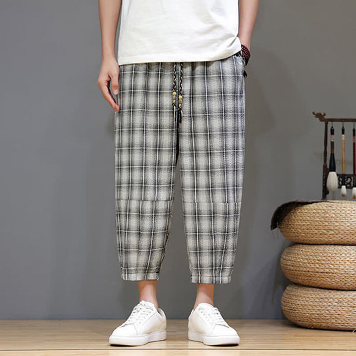 Buddha Stones Pantaloni capri estivi casual con coulisse a quadri, pantaloni harem da uomo con tasche - image 24