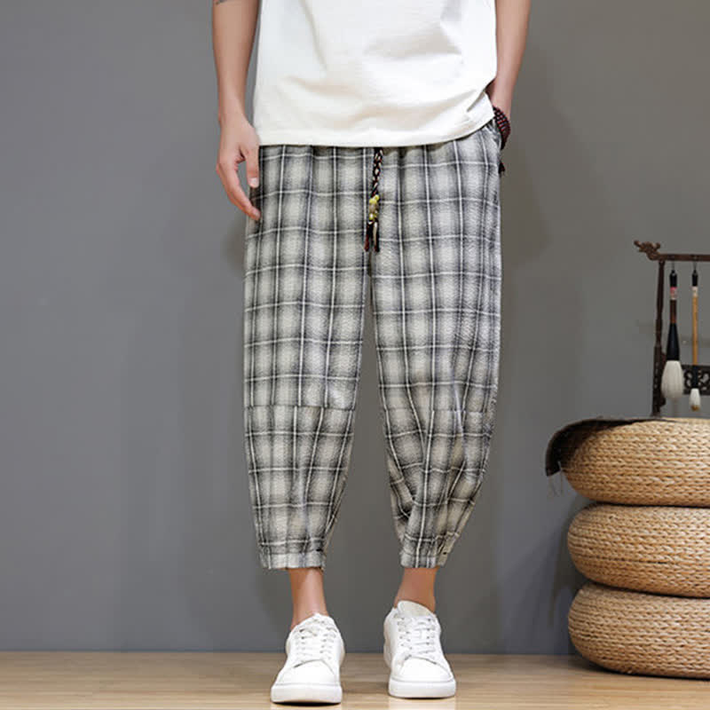 Buddha Stones Pantaloni capri estivi casual con coulisse a quadri, pantaloni harem da uomo con tasche - image 22