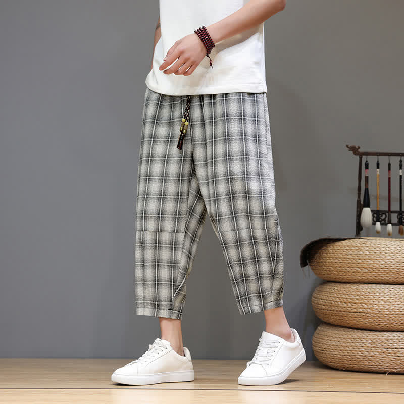 Buddha Stones Pantaloni capri estivi casual con coulisse a quadri, pantaloni harem da uomo con tasche - Beige - US/UK/AU46, EU56 (5XL) - image 20