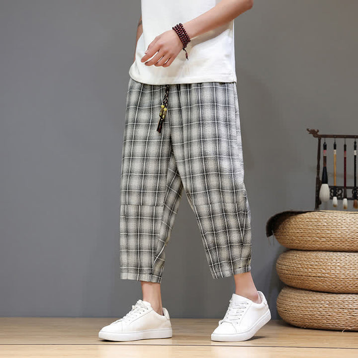 Buddha Stones Pantaloni capri estivi casual con coulisse a quadri, pantaloni harem da uomo con tasche - Beige - US/UK/AU46, EU56 (5XL) - image 20