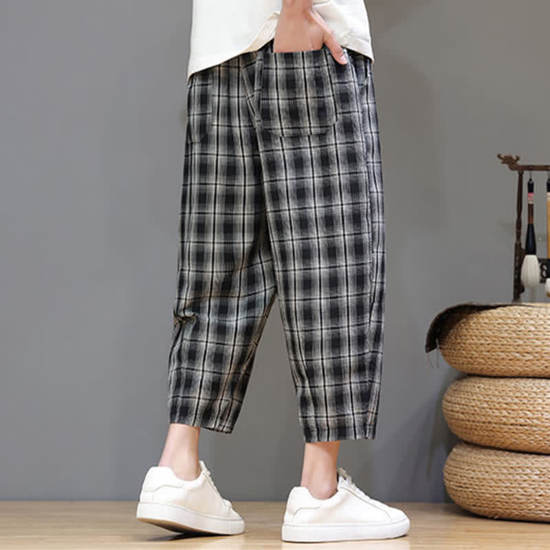 Buddha Stones Pantaloni capri estivi casual con coulisse a quadri, pantaloni harem da uomo con tasche - image 10