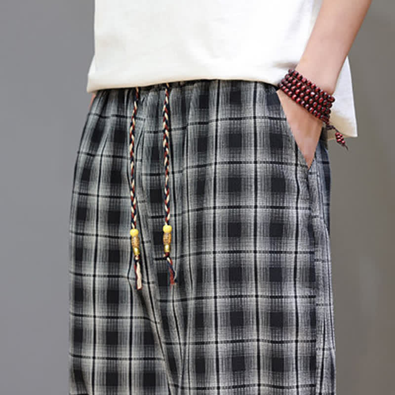Buddha Stones Pantaloni capri estivi casual con coulisse a quadri, pantaloni harem da uomo con tasche - image 16