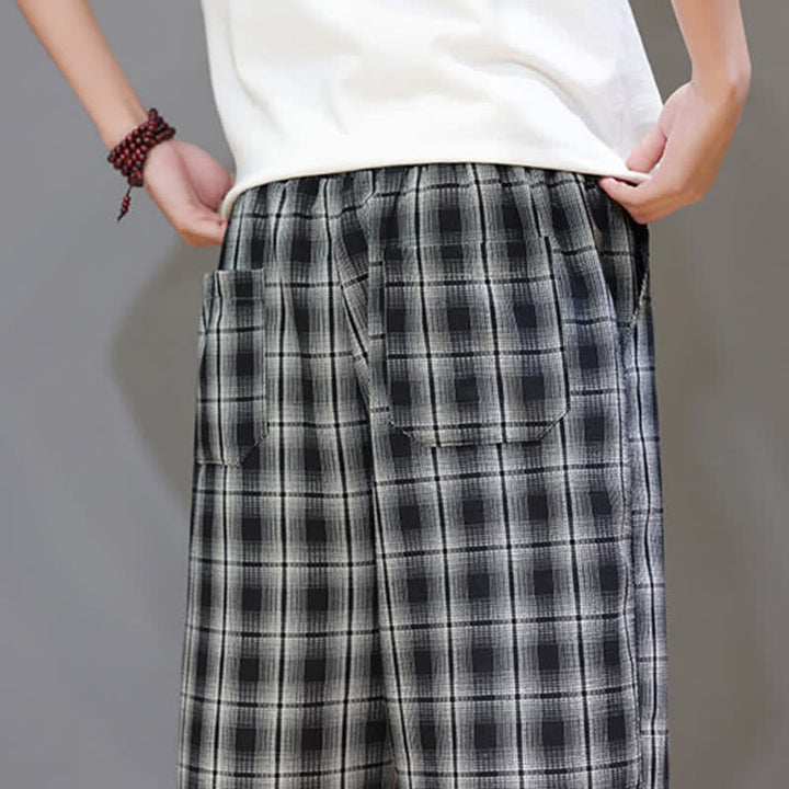 Buddha Stones Pantaloni capri estivi casual con coulisse a quadri, pantaloni harem da uomo con tasche - image 18