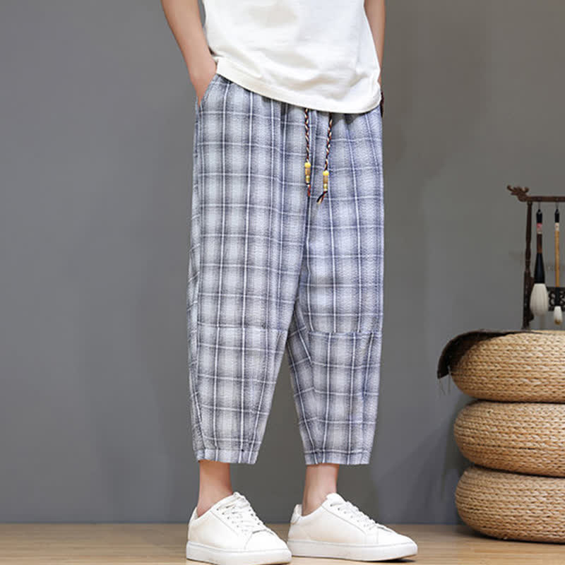 Buddha Stones Pantaloni capri estivi casual con coulisse a quadri, pantaloni harem da uomo con tasche - image 1