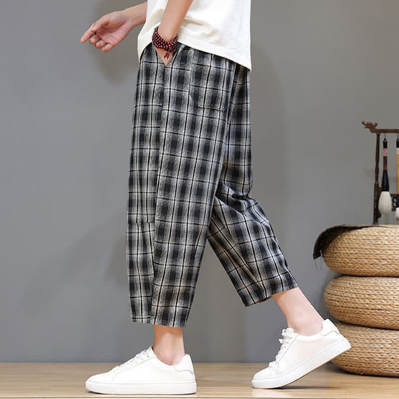 Buddha Stones Pantaloni capri estivi casual con coulisse a quadri, pantaloni harem da uomo con tasche - image 14