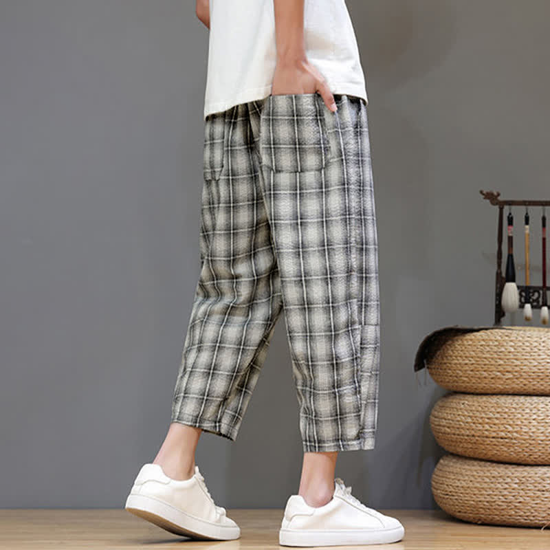 Buddha Stones Pantaloni capri estivi casual con coulisse a quadri, pantaloni harem da uomo con tasche - image 23