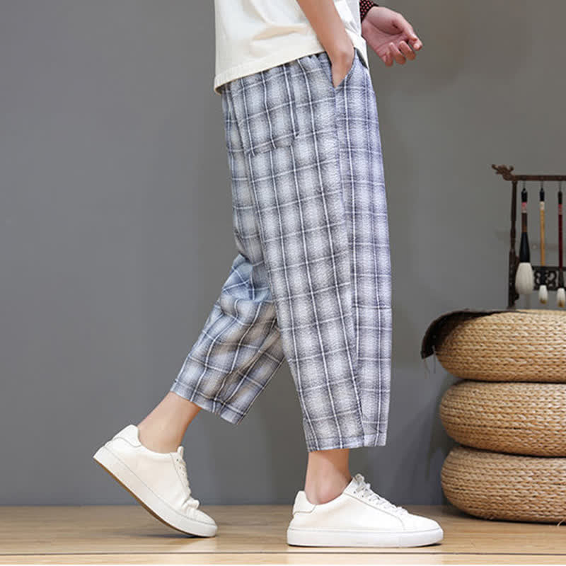 Buddha Stones Pantaloni capri estivi casual con coulisse a quadri, pantaloni harem da uomo con tasche - image 3