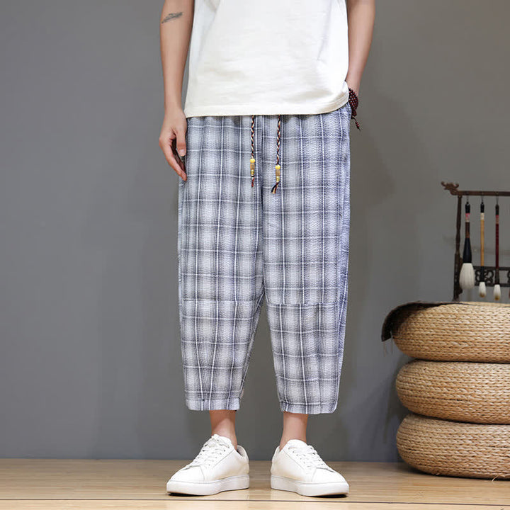 Buddha Stones Pantaloni capri estivi casual con coulisse a quadri, pantaloni harem da uomo con tasche - Blu acciaio chiaro - US/UK/AU46, EU56 (5XL) - image 0