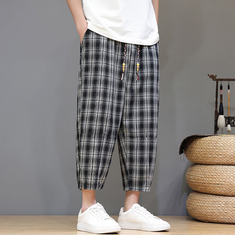 Buddha Stones Pantaloni capri estivi casual con coulisse a quadri, pantaloni harem da uomo con tasche - image 9