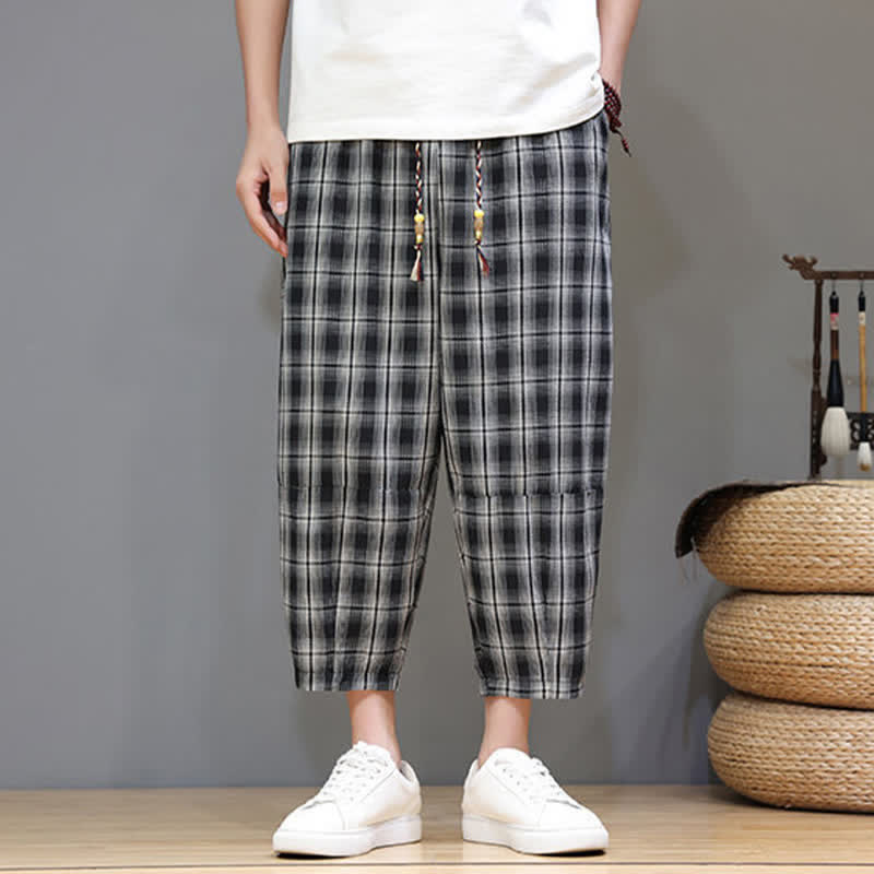 Buddha Stones Pantaloni capri estivi casual con coulisse a quadri, pantaloni harem da uomo con tasche - image 12