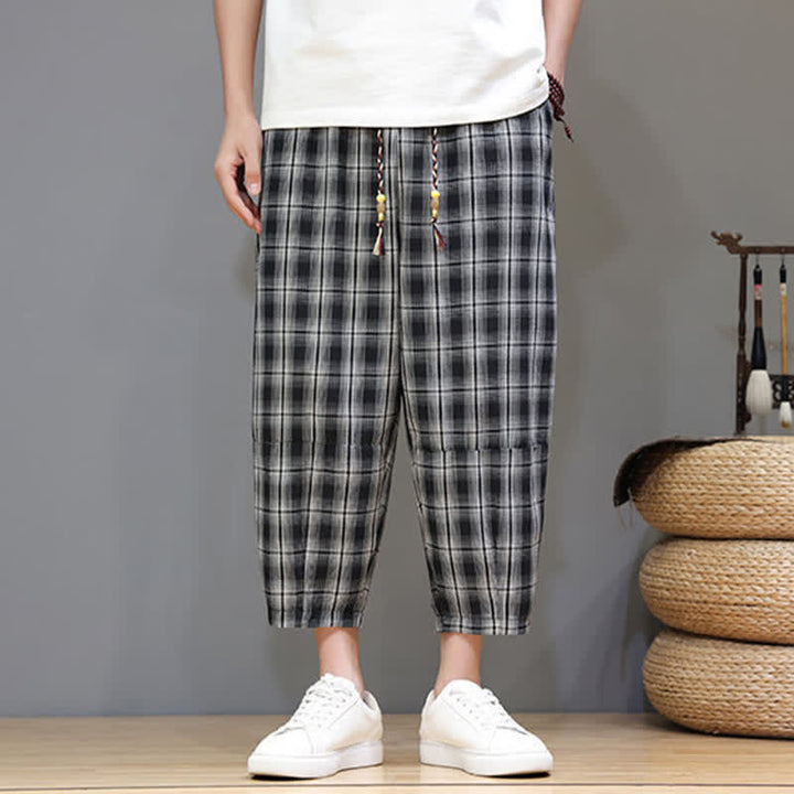 Buddha Stones Pantaloni capri estivi casual con coulisse a quadri, pantaloni harem da uomo con tasche - image 12