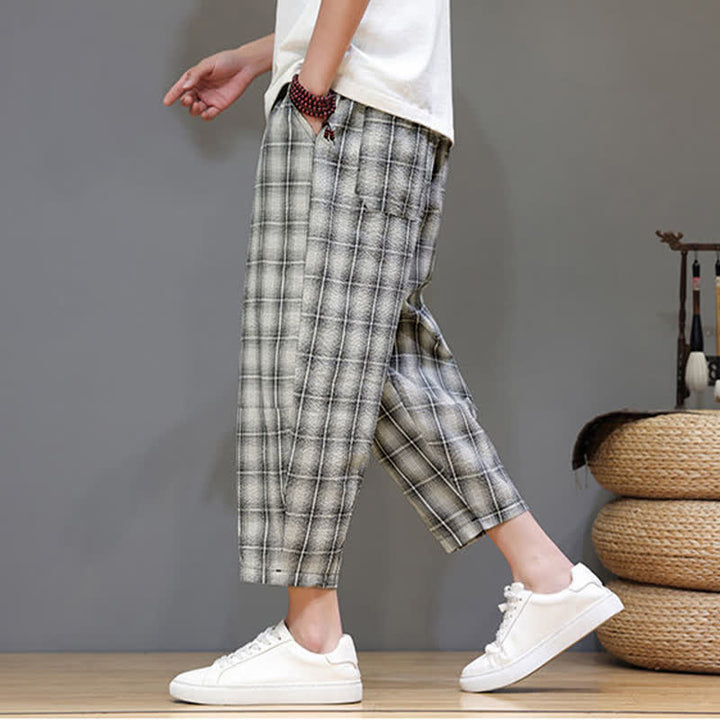 Buddha Stones Pantaloni capri estivi casual con coulisse a quadri, pantaloni harem da uomo con tasche - image 26
