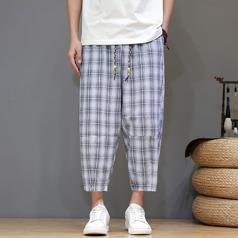 Buddha Stones Pantaloni capri estivi casual con coulisse a quadri, pantaloni harem da uomo con tasche - image 6