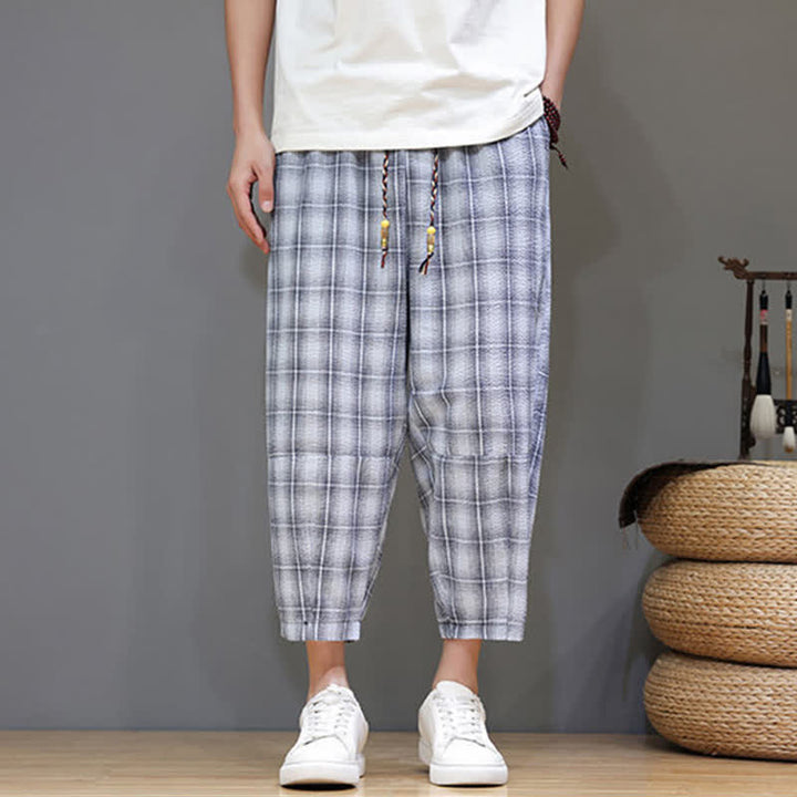 Buddha Stones Pantaloni capri estivi casual con coulisse a quadri, pantaloni harem da uomo con tasche - image 6