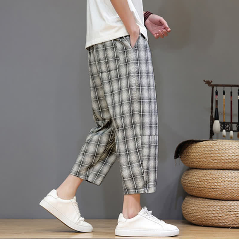 Buddha Stones Pantaloni capri estivi casual con coulisse a quadri, pantaloni harem da uomo con tasche - image 25
