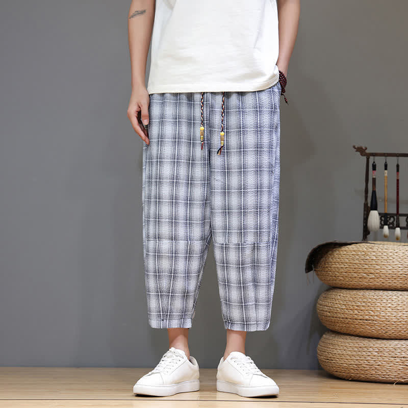Buddha Stones Pantaloni capri estivi casual con coulisse a quadri, pantaloni harem da uomo con tasche - Blu acciaio chiaro - US/UK/AU46, EU56 (5XL) - image 0