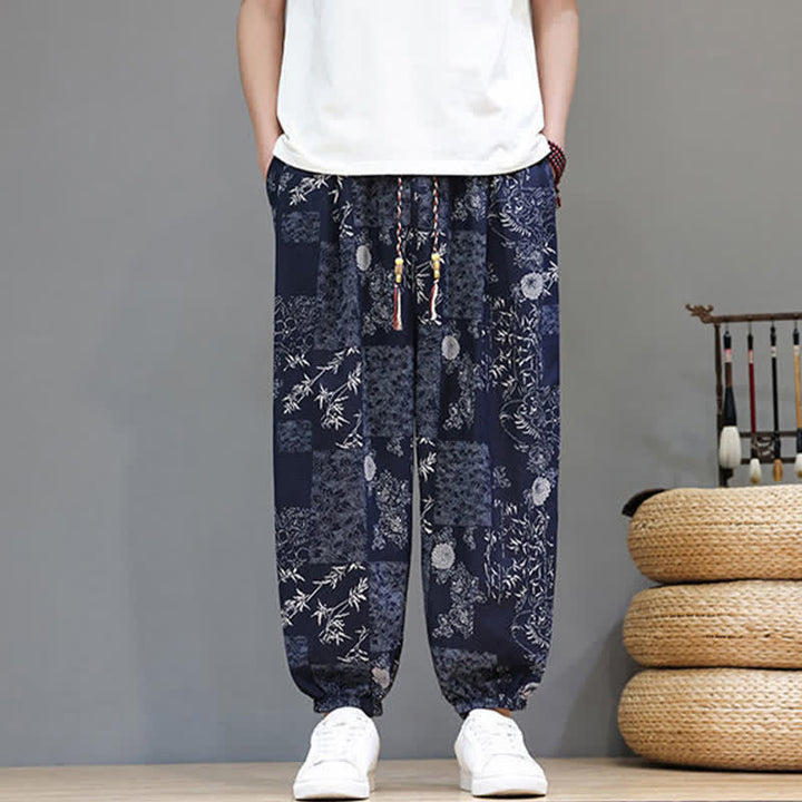 Buddha Stones Pantaloni corti da uomo estivi casual boho con coulisse, motivo geometrico a foglie di elefante, pantaloni harem con tasche. - image 2