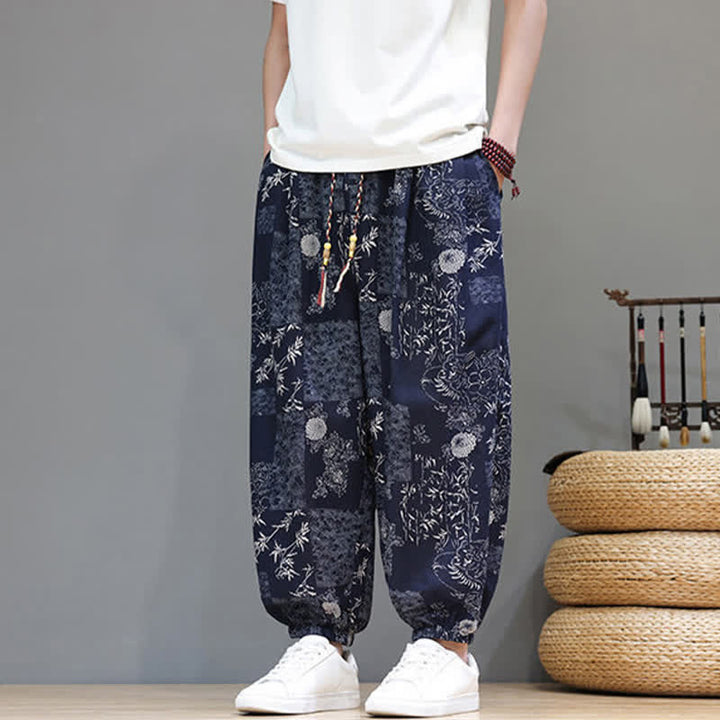 Buddha Stones Pantaloni corti da uomo estivi casual boho con coulisse, motivo geometrico a foglie di elefante, pantaloni harem con tasche. - image 5