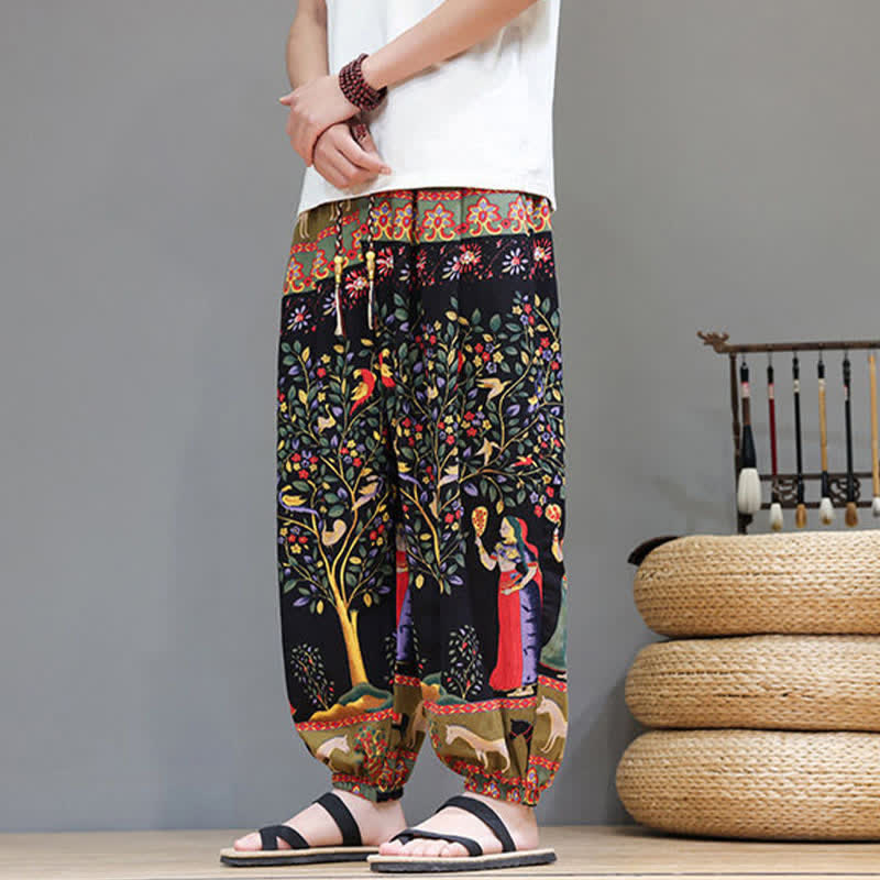 Buddha Stones Pantaloni corti da uomo estivi casual boho con coulisse, motivo geometrico a foglie di elefante, pantaloni harem con tasche. - image 35