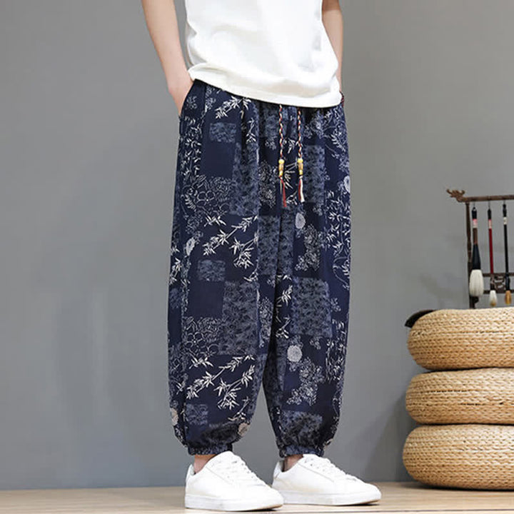 Buddha Stones Pantaloni corti da uomo estivi casual boho con coulisse, motivo geometrico a foglie di elefante, pantaloni harem con tasche. - image 4