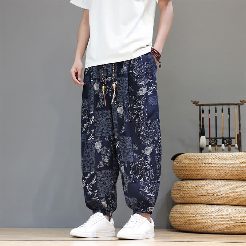 Buddha Stones Pantaloni corti da uomo estivi casual boho con coulisse, motivo geometrico a foglie di elefante, pantaloni harem con tasche. - image 1