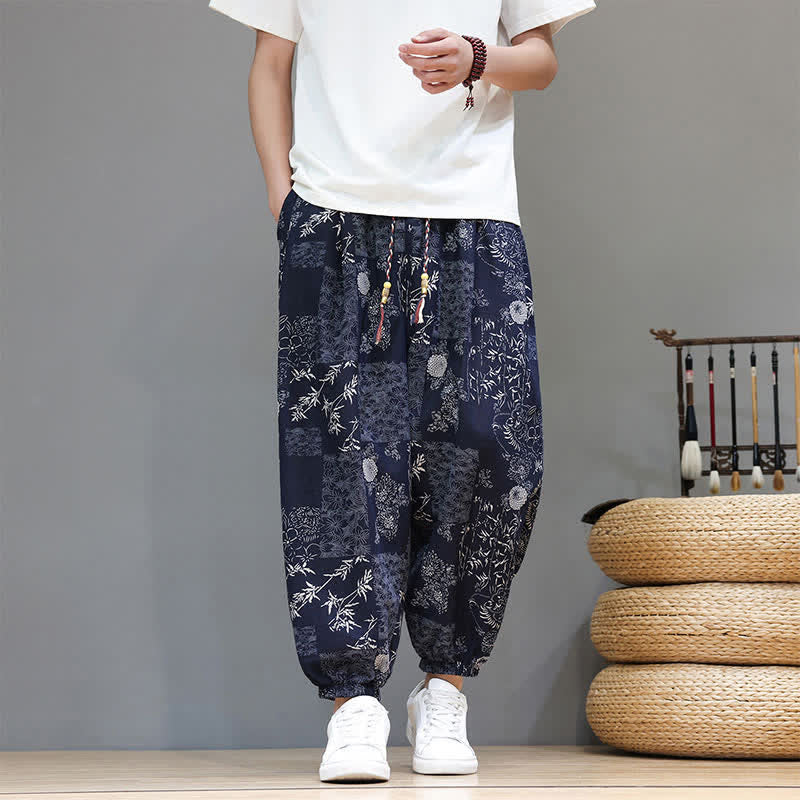 Buddha Stones Pantaloni corti da uomo estivi casual boho con coulisse, motivo geometrico a foglie di elefante, pantaloni harem con tasche. - image 7